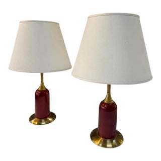 Vintage Red & Brass Table Lamps With Linen Shades - a Pair For Sale