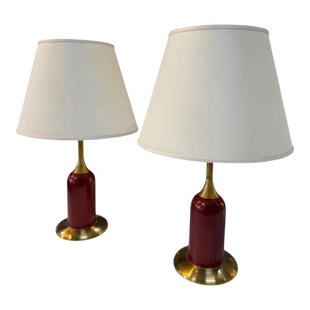 Vintage Red & Brass Table Lamps With Linen Shades - a Pair For Sale