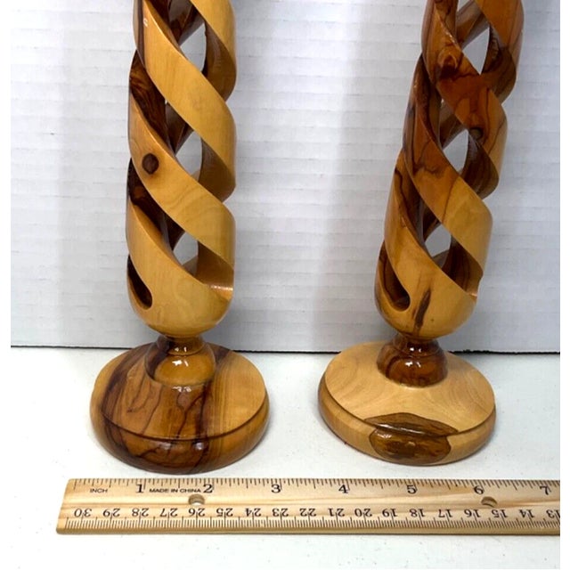 Wood Vintage MCM Holy Land Olive Wood Spiral Pilar Candlesticks Holders-Pair For Sale - Image 7 of 7