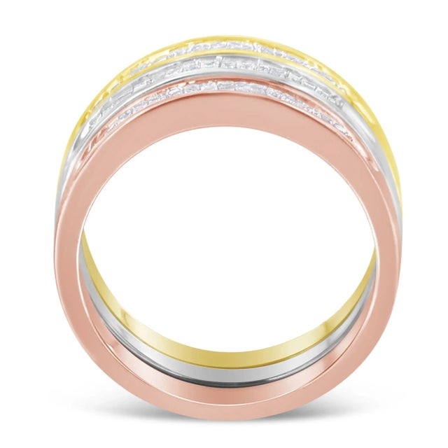 Early 21st Century 10K Yellow, White and Rose Gold over .925 Sterling Silver 5/8 Cttw Diamond Channel-Set Stackable Band Ring Set (H-I Color, I1-I2 Clarity) - Size 7 For Sale - Image 5 of 7