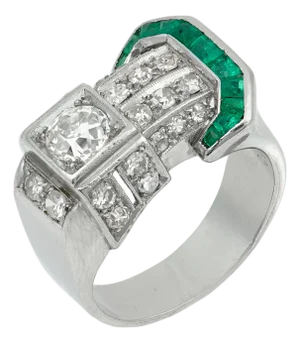 1930s Art Deco Diamond Emerald Platinum Buckle Ring, Size 6