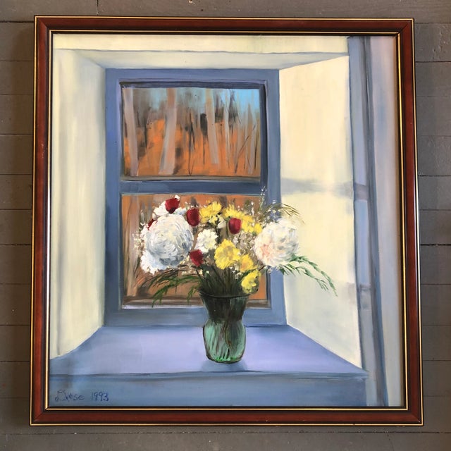 Original Vintage Still Life Painting With a View Signed For Sale In Philadelphia - Image 6 of 6