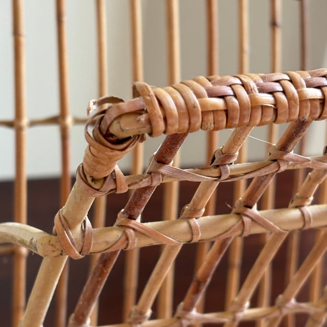 1950s Bamboo & Rattan Openweave Magazine Rack W/ Iron Base For Sale - Image 14 of 18