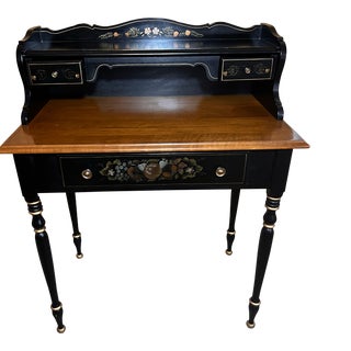 1970s Ethan Allen Hitchcock Stenciled Black & Maple Writing Desk For Sale