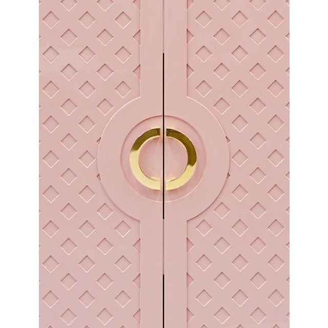 2020s Matthew Izzo Home Poppy Pink Lacquer Two Door Cabinet With Lattice Design and Brass Knobs For Sale - Image 5 of 5
