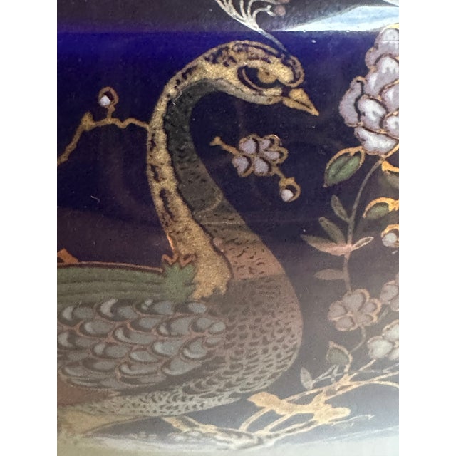 Italian Keramos Capodimonte Cobalt Blue Glaze Ornate Gold Handprinted Peacock and Floral Motif Lidded Round Vase Jar For Sale - Image 10 of 16