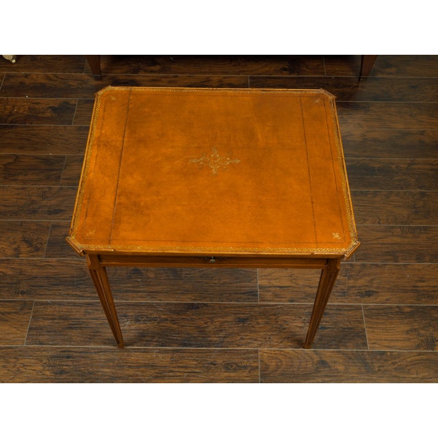 French 19th Century Walnut Side Table with Gilt Embossed Leather Top and Drawer For Sale - Image 9 of 12