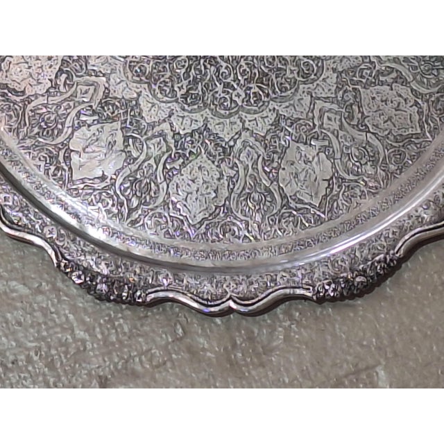 Traditional Vintage Ornate Silver-Plated Round Serving Tray With Scalloped Edge For Sale - Image 3 of 5