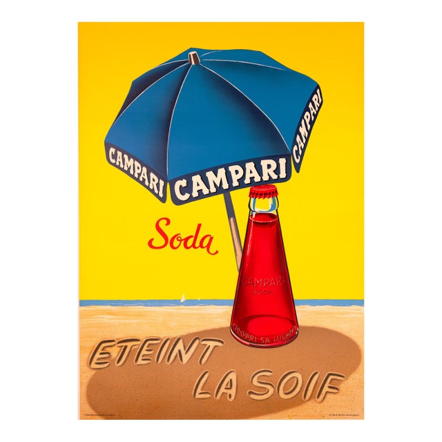 Campari Umbrella in the Sand by a Traub Printers Swiss 1963 Original (French Version) For Sale