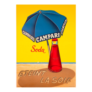 Campari Umbrella in the Sand by a Traub Printers Swiss 1963 Original (French Version)
