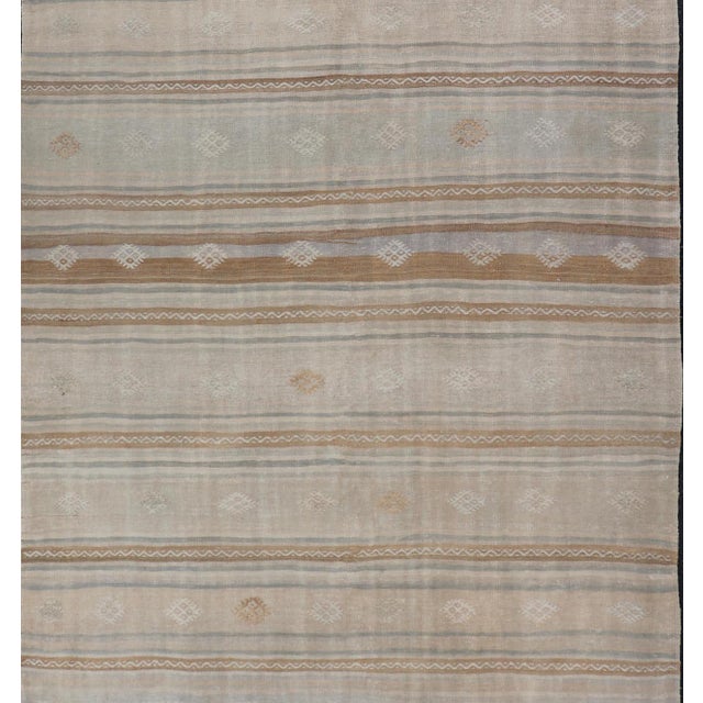Turkish Flat-Weave Embroideries Kilim in Tan, Taupe, Brown and a Soft Blue For Sale - Image 4 of 12