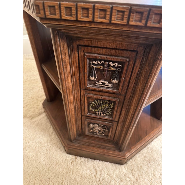Sunning Vintage in the manner of Romweber Viking Oak Zodiac Leather Top Octagon Table featuring beautiful hand-carved...