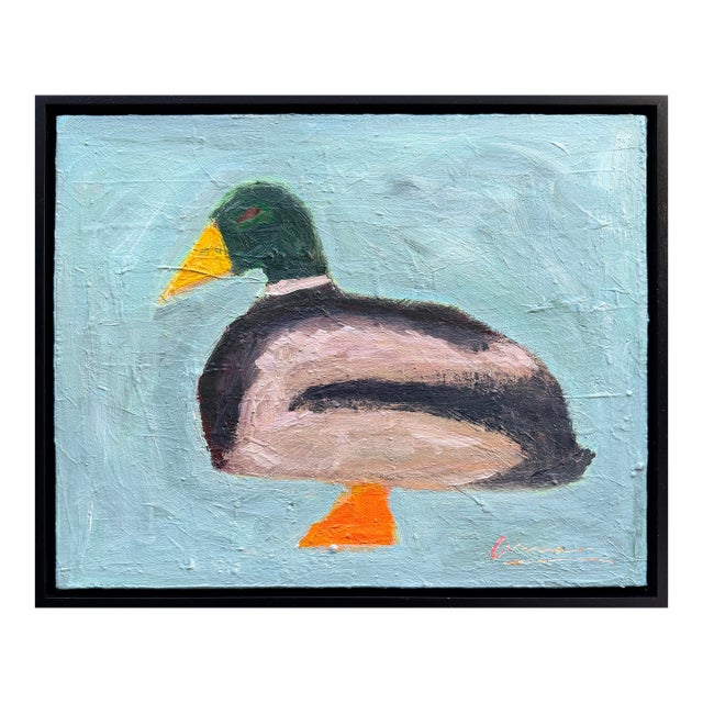 Original Duck Painting, Modern Folk Art Bird, Framed Contemporary Animal Art For Sale