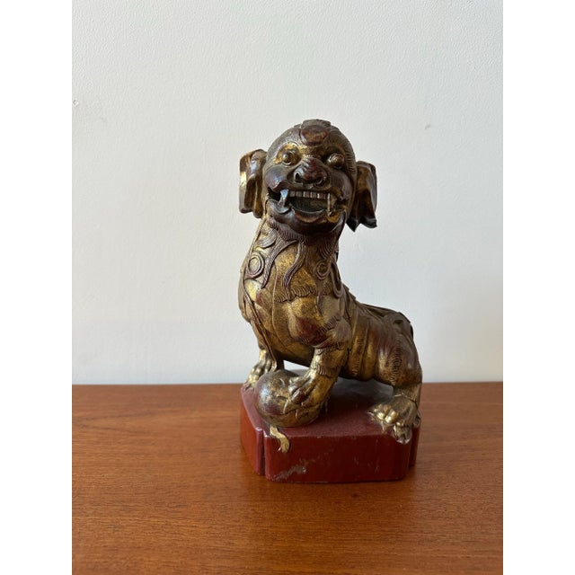 1920s Chinese Red Carved Gilt Wood Foo Dog For Sale In San Francisco - Image 6 of 12