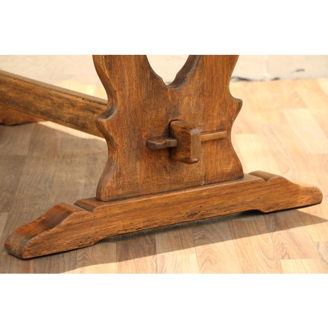 Antique American Oak & Cherry Trestle Dining Table, c.1930s | Rustic Farmhouse Kitchen Table With Solid Wood Construction For Sale - Image 4 of 18