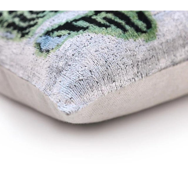 "Size: 16x24 inch lumbar pillow – perfect for layering or statement placement Handmade silk velvet with a bold green tiger...