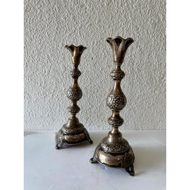Rare 19th C. Antique Silver Judaica Shabbat Candlesticks Polish Szekman For Sale In Miami - Image 6 of 18