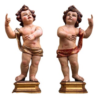 Baroque Angels in Polychrome Wood, Set of 2 For Sale