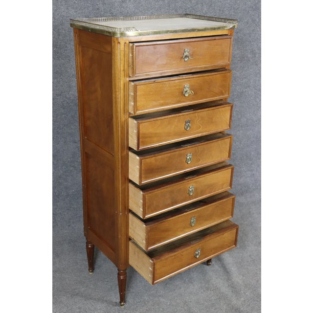 Wood French Louis XVI Style Bronze Mounted Marble Top Mahogany High Chest C. 1940's For Sale - Image 7 of 14