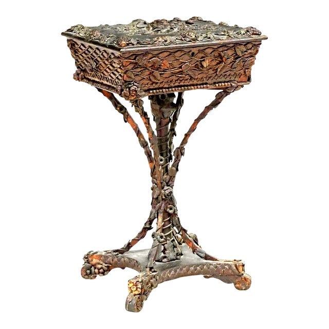 1800's Antique on Stand, Victorian, Wood & Leather, Red Velvet Lined Sewing Box For Sale