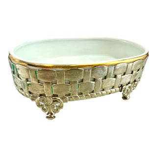 Mid-Century Stylebuilt Silver-Plated Porcelain Soap Dish, Basketweave Frame For Sale