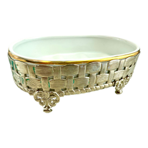 Mid-Century Stylebuilt Silver-Plated Porcelain Soap Dish, Basketweave Frame