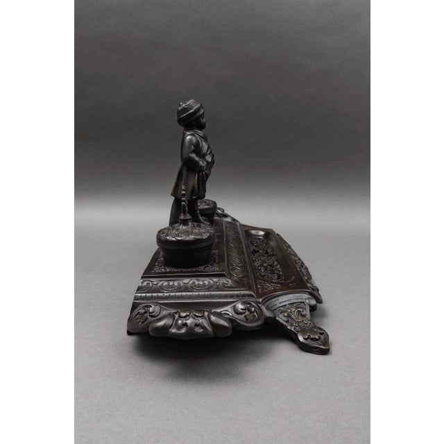 Mid 20th Century Maitland-Smith Vintage Ornate Heavy Cast Bronze Desk Double Inkwell With Child For Sale - Image 5 of 8
