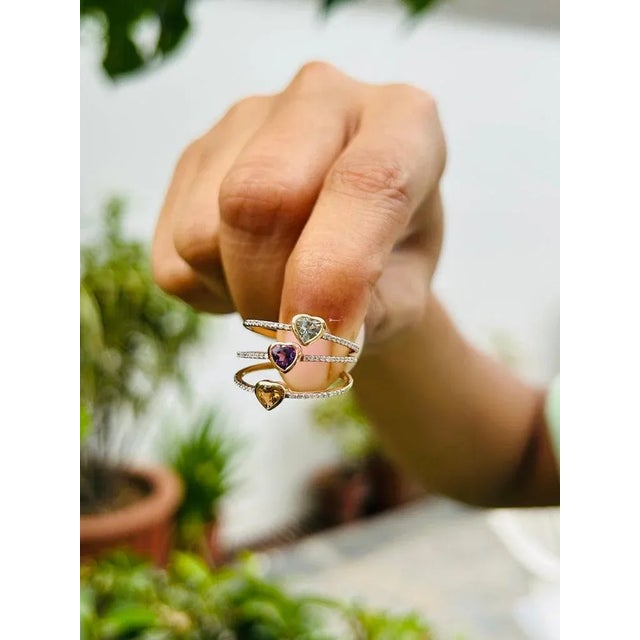 Dainty Heart Cut Aquamarine and Diamond 14k Solid Yellow Gold Ring Size 7 ( All Sizes Available) For Sale - Image 4 of 12