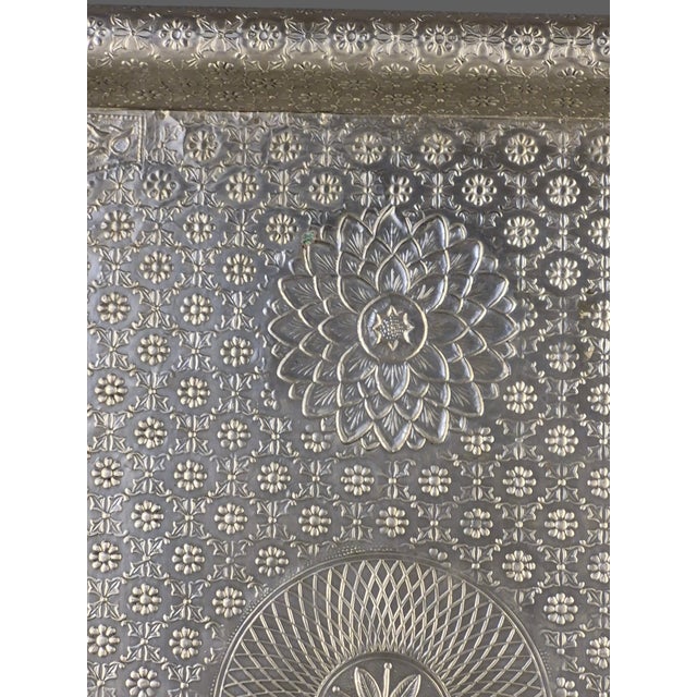Vintage Large 25'' X 18'' Anglo-Indian Bohemian Embossed Engraved Metal Tray For Sale - Image 9 of 18