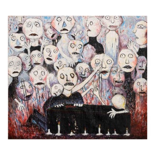 Signed Figural Funeral Scene Oil Impasto on Canvas For Sale
