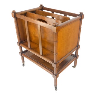 Faux Turned Wood Bamboo Canterbury Magazine Rack on Brass Casters Clean! For Sale