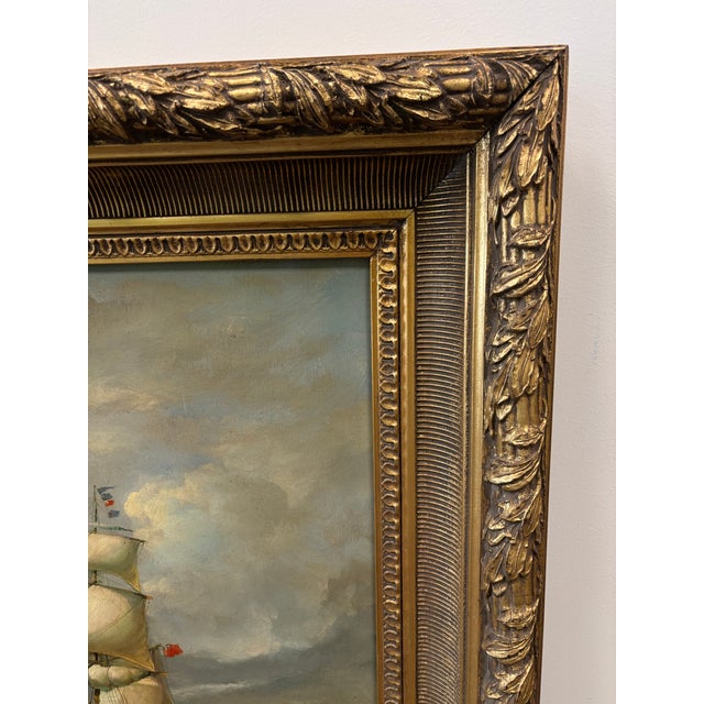 Wood Antique Original Large Oil Painting (Unsigned) of a 3-Masted Clipper Ship - Framed For Sale - Image 7 of 14