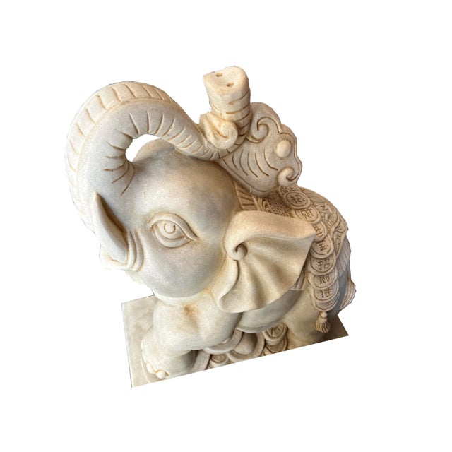 Chinese Pair White Marble Stone Fengshui Elephant Trunk Up Statues For Sale In San Francisco - Image 6 of 9