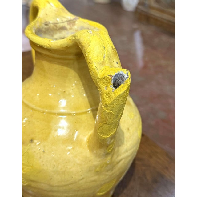Ceramic 19th Century French Provence Yellow Glazed Terracotta Double-Handled Jug For Sale - Image 7 of 9