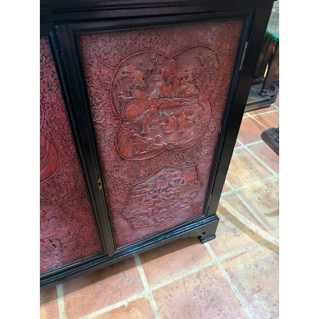 Black 1950s Rare Large Asian Black Lacquer & Cinnabar Four Door Server, Console 70 Inch Long For Sale - Image 8 of 9