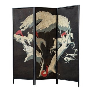 Art Deco Trifold Screen With Hand-Painted Scenic Fox Hunting Motif, Circa 1920s For Sale