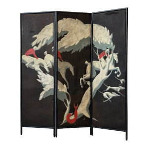 Art Deco Trifold Screen With Hand-Painted Scenic Fox Hunting Motif, Circa 1920s