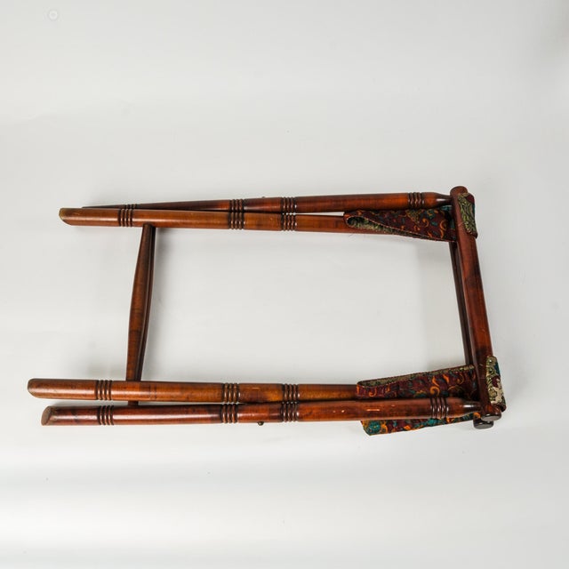 Antique Luggage Rack With Vintage Swan Embroidered Ribbon | Antique Butler's Table | Folding Suitcase Stand For Sale - Image 11 of 13