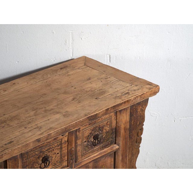 Antique carved console in pine wood, Chinese provincial furniture with faded painted decoration originating from northern...