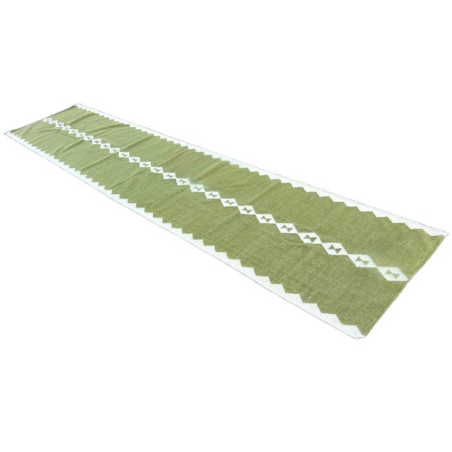 Handmade New Zealand Wool Dhurrie Runner, Olive Green and Cream Geometric Runner Rug- 3'x8' For Sale - Image 6 of 13