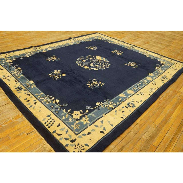 Chinese Antique 1900s Navy Chinese Peking Carpet 8'4" X 9'10" Floral Design Handmade Rug For Sale - Image 3 of 9