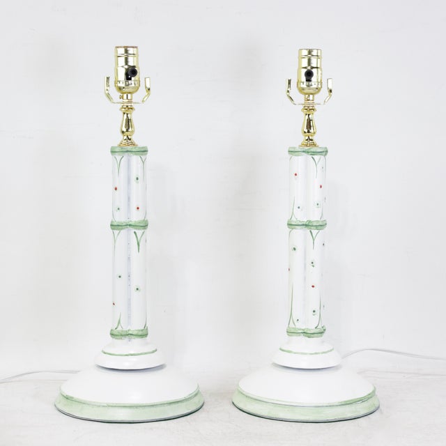 Vintage Hand-Painted White and Green Faux Bamboo Table Lamps - a Pair For Sale - Image 10 of 10