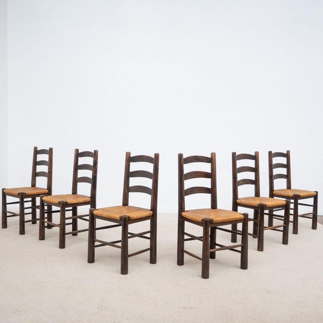 Brown Vintage Georges Robert Straw-Seated Chairs, 1950s, Set of 6 For Sale - Image 8 of 8