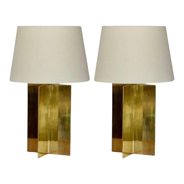 Pair of Large 'Croisillon' Solid Brass Lamps With Parchment Shades by Design Frères For Sale