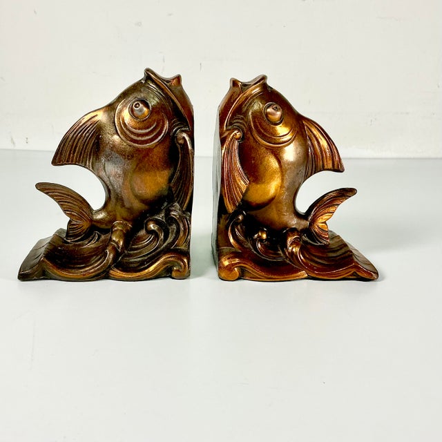 Copper 1970s Vintage Coastal Boho Chic Copper Over Cast Metal Koi Fish Bookends - A Pair For Sale - Image 8 of 13