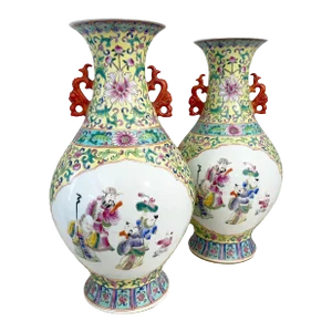 Vintage Set of Two Famille Jaune Style Vases With Figures 15.75" H