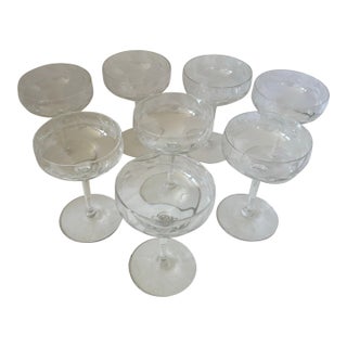 Hostess Vintage Etched Floral Leaf Crystal Champagne Coupes - Set of 8 For Sale