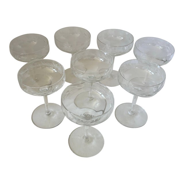 Hostess Vintage Etched Floral Leaf Crystal Champagne Coupes - Set of 8 For Sale