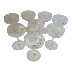 Hostess Vintage Etched Floral Leaf Crystal Champagne Coupes - Set of 8