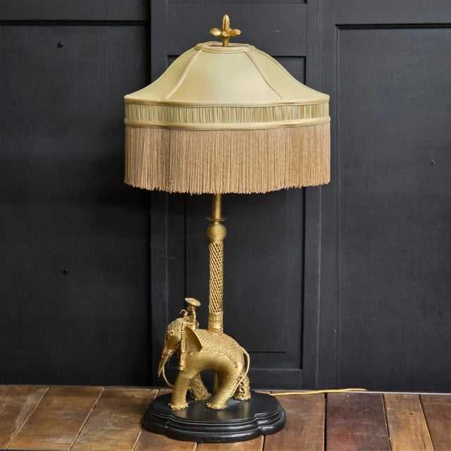 1990s John-Richard Elephant Table Lamp With Gold Fringed Pagoda Shade, Hollywood Regency Safari Luxe, 1990s For Sale - Image 5 of 10
